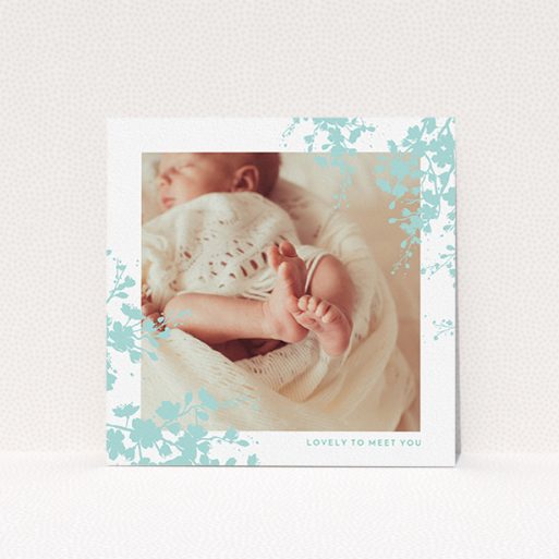 Birth Announcement Card Design - "Forest Frame" A birth announcement card design called "Forest Frame". It is a square (148mm x 148mm) card in a square orientation. It is a photographic birth announcement card with room for 1 photo. "Forest Frame" is available as a flat card, with tones of blue and white.