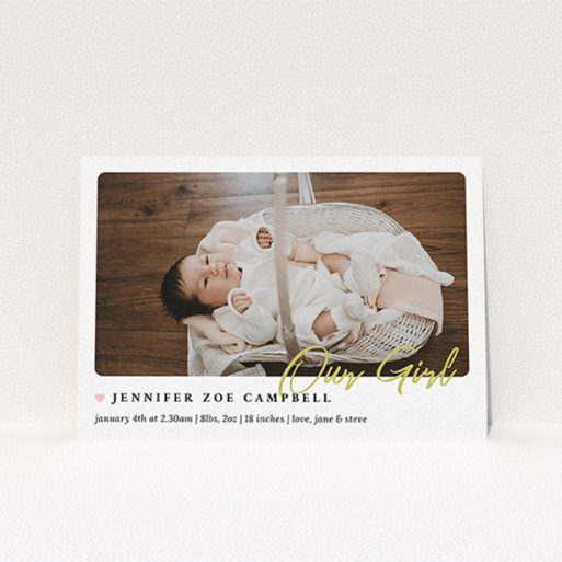 Baby Birth Announcement Card - Gold Stamp (Baby-Girl) A birth announcement card design named "Gold Stamp". It is an A6 card in a landscape orientation. It is a photographic birth announcement card with room for 1 photo. "Gold Stamp" is available as a flat card, with tones of white and gold.