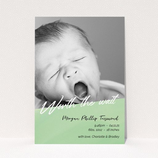 Birth Announcement Card Design - "Green Slant" A birth announcement card design named "Green Slant". It is an A5 card in a portrait orientation. It is a photographic birth announcement card with room for 1 photo. "Green Slant" is available as a flat card, with tones of green and white.