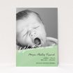 A birth announcement card design named "Green Slant". It is an A5 card in a portrait orientation. It is a photographic birth announcement card with room for 1 photo. "Green Slant" is available as a flat card, with tones of green and white.