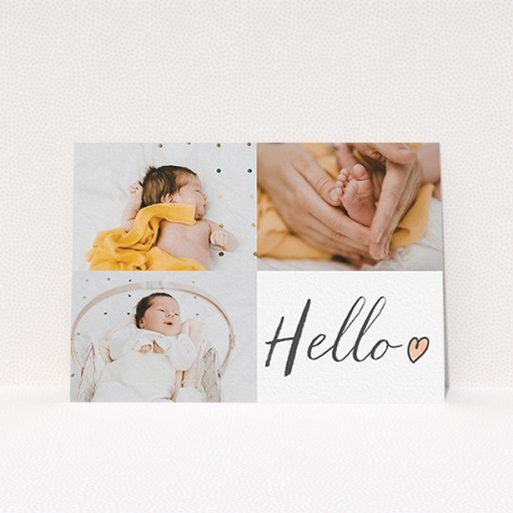 Birth Announcement Card Design - "Handwritten Hello" A birth announcement card design titled "Handwritten Hello". It is an A6 card in a landscape orientation. It is a photographic birth announcement card with room for 3 photos. "Handwritten Hello" is available as a flat card, with tones of white and red.