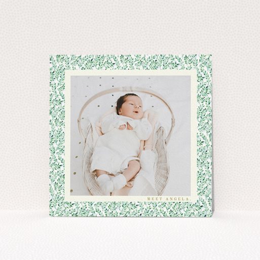 Birth Announcement Card Design - "Hedgerow Frame" A birth announcement card named "Hedgerow Frame". It is a square (148mm x 148mm) card in a square orientation. It is a photographic birth announcement card with room for 1 photo. "Hedgerow Frame" is available as a flat card, with tones of green and white.