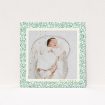 A birth announcement card named "Hedgerow Frame". It is a square (148mm x 148mm) card in a square orientation. It is a photographic birth announcement card with room for 1 photo. "Hedgerow Frame" is available as a flat card, with tones of green and white.