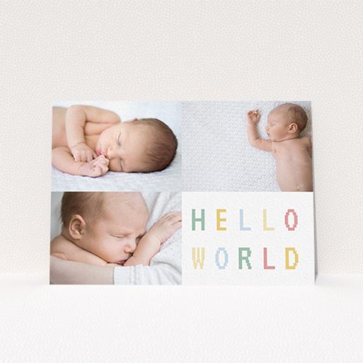 Birth Announcement Card Design - "Hello World" A birth announcement card named "Hello World". It is an A6 card in a landscape orientation. It is a photographic birth announcement card with room for 3 photos. "Hello World" is available as a flat card, with tones of white and green.