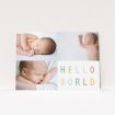 A birth announcement card named "Hello World". It is an A6 card in a landscape orientation. It is a photographic birth announcement card with room for 3 photos. "Hello World" is available as a flat card, with tones of white and green.