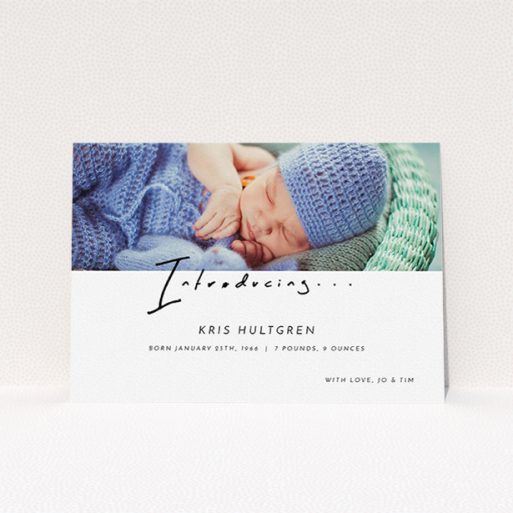Birth Announcement Card Design - "Introducing this guy" A birth announcement card design named "Introducing this guy". It is an A5 card in a landscape orientation. It is a photographic birth announcement card with room for 1 photo. "Introducing this guy" is available as a flat card, with mainly white colouring.