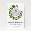 A birth announcement card design called "Lemon Wreath". It is an A5 card in a portrait orientation. It is a photographic birth announcement card with room for 1 photo. "Lemon Wreath" is available as a flat card, with tones of green and white.