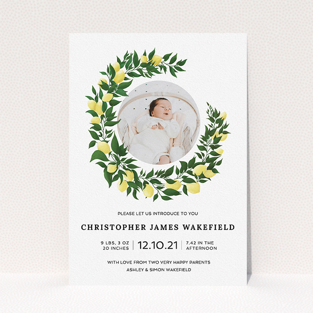 A birth announcement card design called "Lemon Wreath". It is an A5 card in a portrait orientation. It is a photographic birth announcement card with room for 1 photo. "Lemon Wreath" is available as a flat card, with tones of green and white.