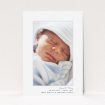 A birth announcement card named "Little Blue Frame". It is an A5 card in a portrait orientation. It is a photographic birth announcement card with room for 1 photo. "Little Blue Frame" is available as a flat card, with tones of white and blue.