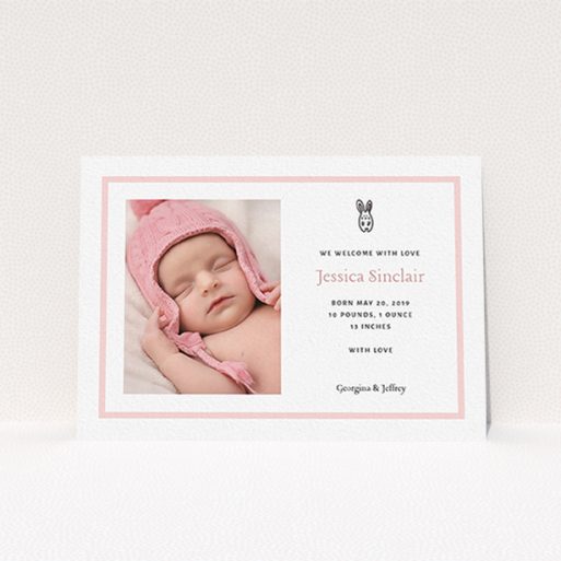 Birth Announcement Card Design - "Little Bunny" A birth announcement card template titled "Little Bunny". It is an A6 card in a landscape orientation. It is a photographic birth announcement card with room for 1 photo. "Little Bunny" is available as a flat card, with tones of pink and white.