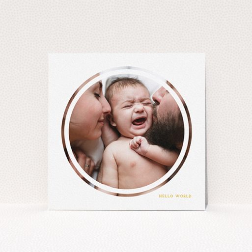 Birth Announcement Card Design - "Modern Circle Frame" A birth announcement card template titled "Modern Circle Frame". It is a square (148mm x 148mm) card in a square orientation. It is a photographic birth announcement card with room for 1 photo. "Modern Circle Frame" is available as a flat card, with tones of white and yellow.