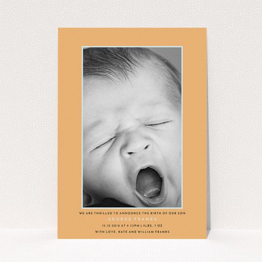 Birth Announcement Card Design - "Orange and Mint" A birth announcement card design titled "Orange and Mint". It is an A5 card in a portrait orientation. It is a photographic birth announcement card with room for 1 photo. "Orange and Mint" is available as a flat card, with tones of orange and blue.