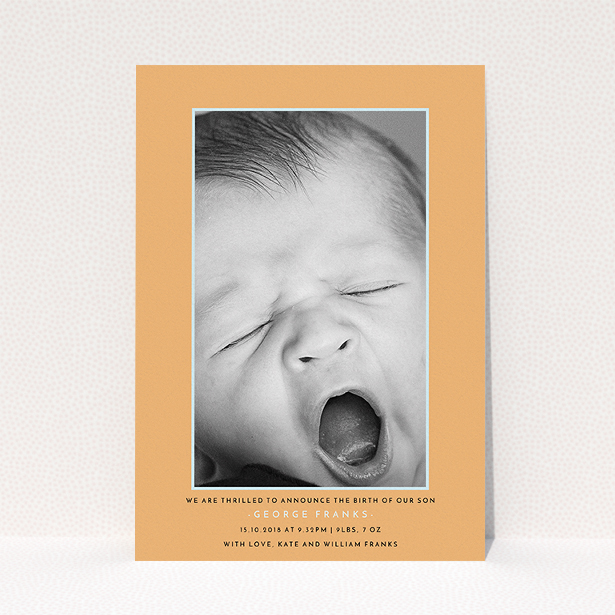 A birth announcement card design titled "Orange and Mint". It is an A5 card in a portrait orientation. It is a photographic birth announcement card with room for 1 photo. "Orange and Mint" is available as a flat card, with tones of orange and blue.