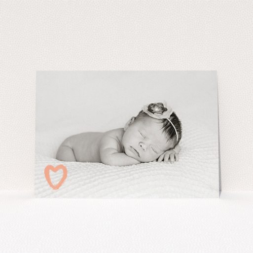 Birth Announcement Card Design - "Pastel Heart" A birth announcement card design called "Pastel Heart". It is an A5 card in a landscape orientation. It is a photographic birth announcement card with room for 1 photo. "Pastel Heart" is available as a flat card, with mainly peach colouring.