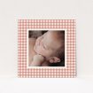 A birth announcement card design titled "Pink Plaid". It is a square (148mm x 148mm) card in a square orientation. It is a photographic birth announcement card with room for 1 photo. "Pink Plaid" is available as a flat card, with tones of pink and white.