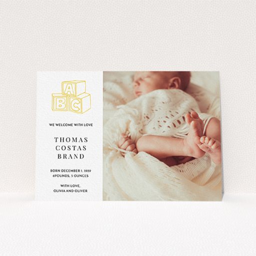 Birth Announcement Card Design - "Playtime" A birth announcement card called "Playtime". It is an A6 card in a landscape orientation. It is a photographic birth announcement card with room for 1 photo. "Playtime" is available as a flat card, with tones of white and yellow.