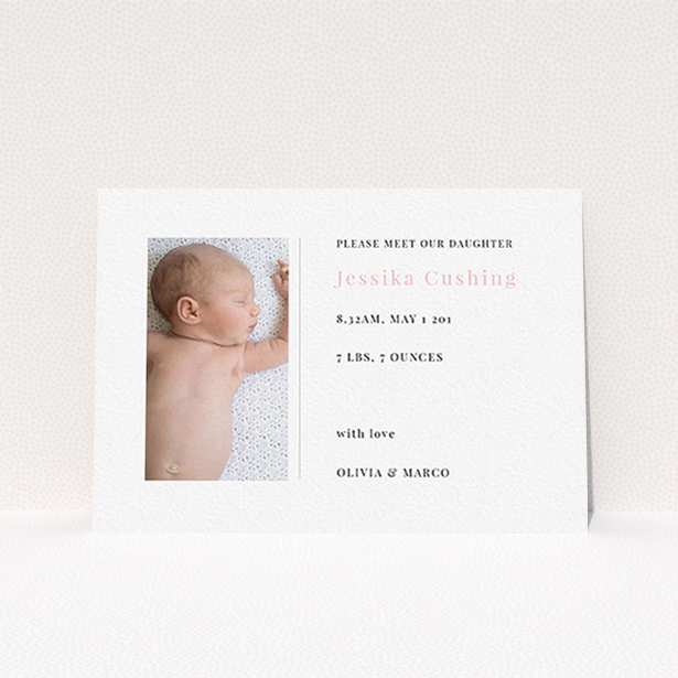 A birth announcement card named "Please Welcome". It is an A6 card in a landscape orientation. It is a photographic birth announcement card with room for 1 photo. "Please Welcome" is available as a flat card, with tones of white and pink.