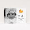 A birth announcement card design titled "Rubber Ducky". It is an A6 card in a landscape orientation. It is a photographic birth announcement card with room for 1 photo. "Rubber Ducky" is available as a flat card, with tones of orange and white.