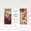 A birth announcement card design titled "Sandwich Frame". It is an A6 card in a landscape orientation. It is a photographic birth announcement card with room for 2 photos. "Sandwich Frame" is available as a flat card, with mainly white colouring.
