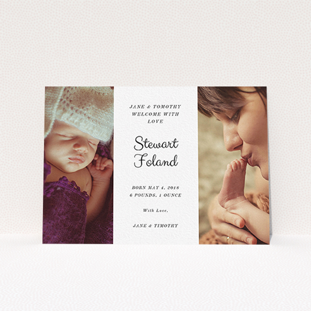 A birth announcement card design titled "Sandwich Frame". It is an A6 card in a landscape orientation. It is a photographic birth announcement card with room for 2 photos. "Sandwich Frame" is available as a flat card, with mainly white colouring.