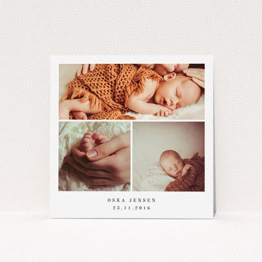 Birth Announcement Card Design - "Simple 3 Frame" A birth announcement card design named "Simple 3 Frame". It is a square (148mm x 148mm) card in a square orientation. It is a photographic birth announcement card with room for 3 photos. "Simple 3 Frame" is available as a flat card, with mainly white colouring.