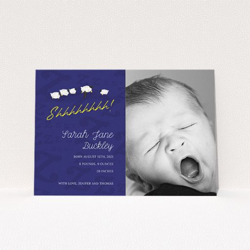 Birth Announcement Card Design - "Sleepy Time" A birth announcement card design named "Sleepy Time". It is an A5 card in a landscape orientation. It is a photographic birth announcement card with room for 1 photo. "Sleepy Time" is available as a flat card, with tones of navy blue and white.