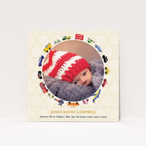 Birth Announcement Card Design - "Toy Transport" A birth announcement card called "Toy Transport". It is a square (148mm x 148mm) card in a square orientation. It is a photographic birth announcement card with room for 1 photo. "Toy Transport" is available as a flat card, with tones of cream, red and yellow.