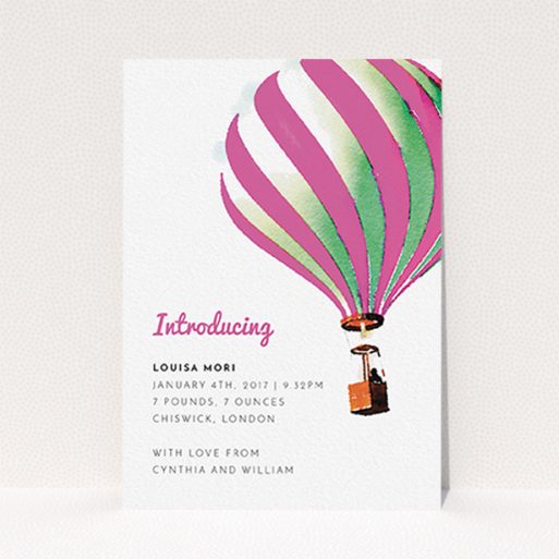 Birth Announcement Card Design - "Up-and-away pink" A birth announcement card named "Up-and-away pink". It is an A6 card in a portrait orientation. "Up-and-away pink" is available as a flat card, with tones of pink and white.