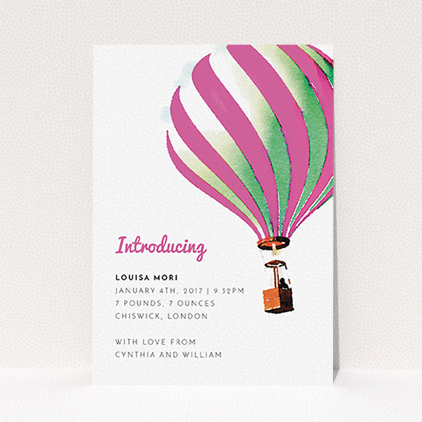 A birth announcement card named "Up-and-away pink". It is an A6 card in a portrait orientation. "Up-and-away pink" is available as a flat card, with tones of pink and white.