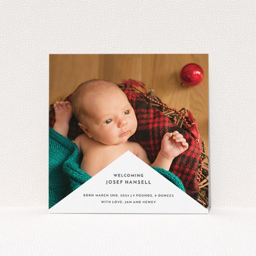 Birth Announcement Card Design - "Wedge Frame" A birth announcement card called "Wedge Frame". It is a square (148mm x 148mm) card in a square orientation. It is a photographic birth announcement card with room for 1 photo. "Wedge Frame" is available as a flat card, with mainly white colouring.