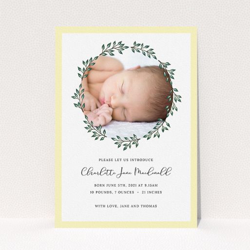 Birth Announcement Card Design - "Wreath Window" A birth announcement card named "Wreath Window". It is an A5 card in a portrait orientation. It is a photographic birth announcement card with room for 1 photo. "Wreath Window" is available as a flat card, with tones of green and yellow.
