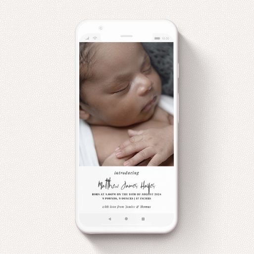 Birth Announcement For Whatsapp Design - "A bit at the bottom" A birth announcement for whatsapp design titled "A bit at the bottom". It is a smartphone screen sized announcement in a portrait orientation. It is a photographic birth announcement for whatsapp with room for 1 photo. "A bit at the bottom" is available as a flat announcement, with tones of black and white.