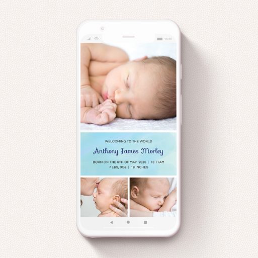 Birth Announcement For Whatsapp Design - "Block Tower - Boy" A birth announcement for whatsapp design named "Block Tower - Boy". It is a smartphone screen sized announcement in a portrait orientation. It is a photographic birth announcement for whatsapp with room for 3 photos. "Block Tower - Boy" is available as a flat announcement, with tones of blue and white.