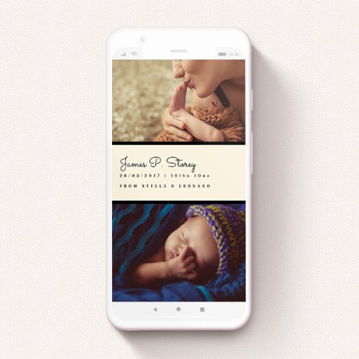 Birth Announcement For Whatsapp Design - "Bookshelf" A birth announcement for whatsapp design called "Bookshelf". It is a smartphone screen sized announcement in a portrait orientation. It is a photographic birth announcement for whatsapp with room for 3 photos. "Bookshelf" is available as a flat announcement, with mainly cream colouring.