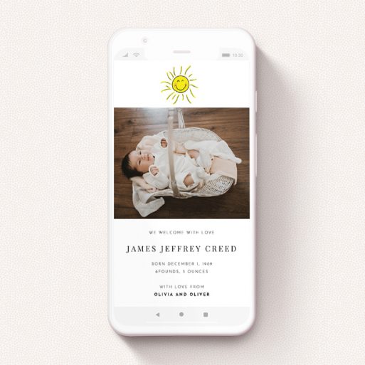 Birth Announcement For Whatsapp Design - "Bright Sun" A birth announcement for whatsapp template titled "Bright Sun". It is a smartphone screen sized announcement in a portrait orientation. It is a photographic birth announcement for whatsapp with room for 1 photo. "Bright Sun" is available as a flat announcement, with tones of white and yellow.