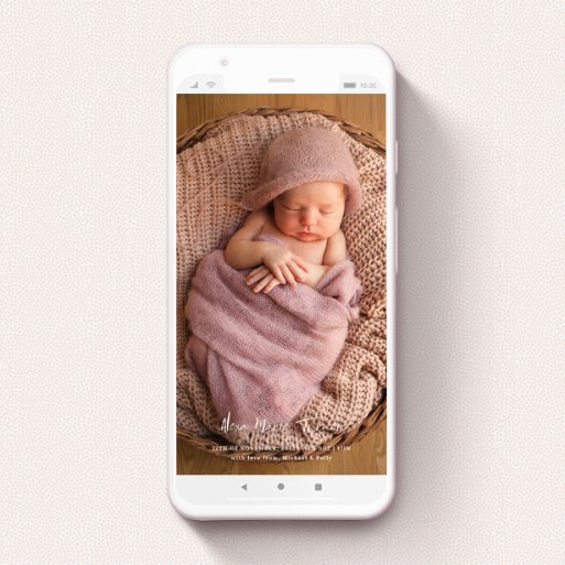 Birth Announcement For Whatsapp Design - "Central Script" A birth announcement for whatsapp named "Central Script". It is a smartphone screen sized announcement in a portrait orientation. It is a photographic birth announcement for whatsapp with room for 1 photo. "Central Script" is available as a flat announcement, with mainly white colouring.