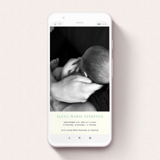 Birth Announcement For Whatsapp Design - "Duke of York Square" A birth announcement for whatsapp design called "Duke of York Square". It is a smartphone screen sized announcement in a portrait orientation. It is a photographic birth announcement for whatsapp with room for 1 photo. "Duke of York Square" is available as a flat announcement, with tones of white and green.