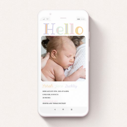 Birth Announcement For Whatsapp Design - "Hello Pastels" A birth announcement for whatsapp design named "Hello Pastels". It is a smartphone screen sized announcement in a portrait orientation. It is a photographic birth announcement for whatsapp with room for 1 photo. "Hello Pastels" is available as a flat announcement, with tones of white and green.