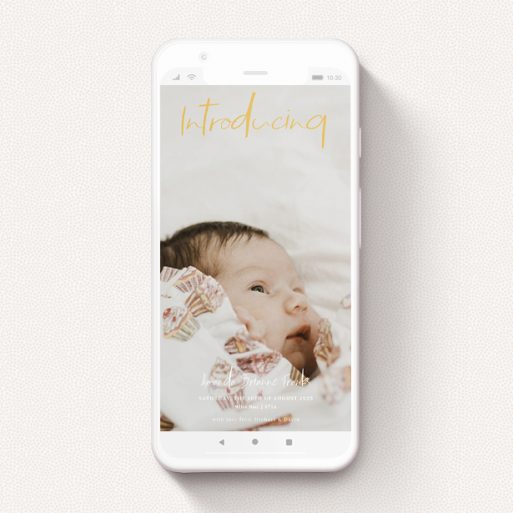 Birth Announcement For Whatsapp Design - "Jagger" A birth announcement for whatsapp design titled "Jagger". It is a smartphone screen sized announcement in a portrait orientation. It is a photographic birth announcement for whatsapp with room for 1 photo. "Jagger" is available as a flat announcement, with mainly light orange colouring.