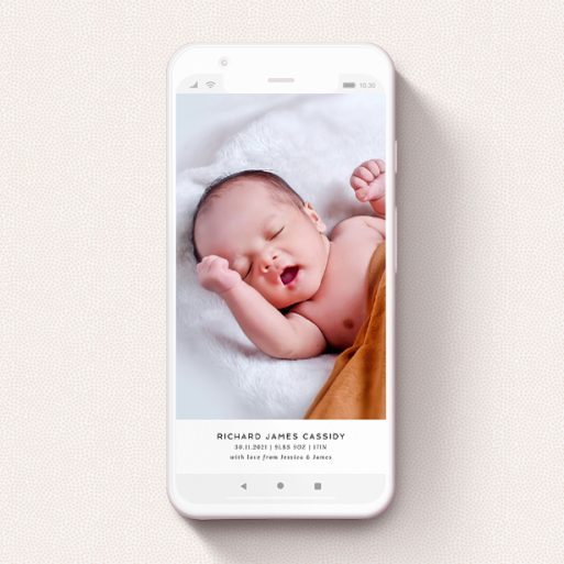 Birth Announcement For Whatsapp Design - "Landscape Photo" A birth announcement for whatsapp called "Landscape Photo". It is a smartphone screen sized announcement in a portrait orientation. It is a photographic birth announcement for whatsapp with room for 1 photo. "Landscape Photo" is available as a flat announcement, with tones of black and white.