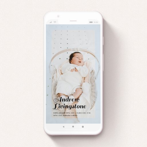 Birth Announcement For Whatsapp Design - "Pastel Diagonals" A birth announcement for whatsapp template titled "Pastel Diagonals". It is a smartphone screen sized announcement in a portrait orientation. It is a photographic birth announcement for whatsapp with room for 1 photo. "Pastel Diagonals" is available as a flat announcement, with mainly blue colouring.