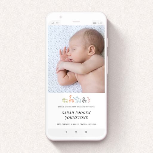 Birth Announcement For Whatsapp Design - "Playground Safari" A birth announcement for whatsapp design named "Playground Safari". It is a smartphone screen sized announcement in a portrait orientation. It is a photographic birth announcement for whatsapp with room for 1 photo. "Playground Safari" is available as a flat announcement, with tones of white and orange.