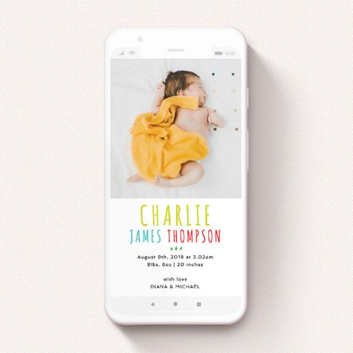 Birth Announcement For Whatsapp Design - "Playroom Lion" A birth announcement for whatsapp design called "Playroom Lion". It is a smartphone screen sized announcement in a portrait orientation. It is a photographic birth announcement for whatsapp with room for 1 photo. "Playroom Lion" is available as a flat announcement, with tones of white and blue.