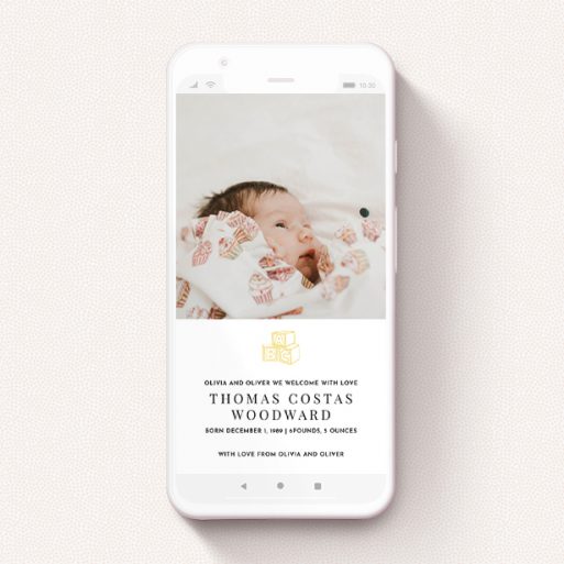 Birth Announcement For Whatsapp Design - "Playtime" A birth announcement for whatsapp called "Playtime". It is a smartphone screen sized announcement in a portrait orientation. It is a photographic birth announcement for whatsapp with room for 1 photo. "Playtime" is available as a flat announcement, with tones of white and yellow.