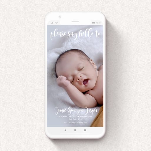 Birth Announcement For Whatsapp Design - "Please Join Us" A birth announcement for whatsapp design called "Please Join Us". It is a smartphone screen sized announcement in a portrait orientation. It is a photographic birth announcement for whatsapp with room for 1 photo. "Please Join Us" is available as a flat announcement, with mainly white colouring.