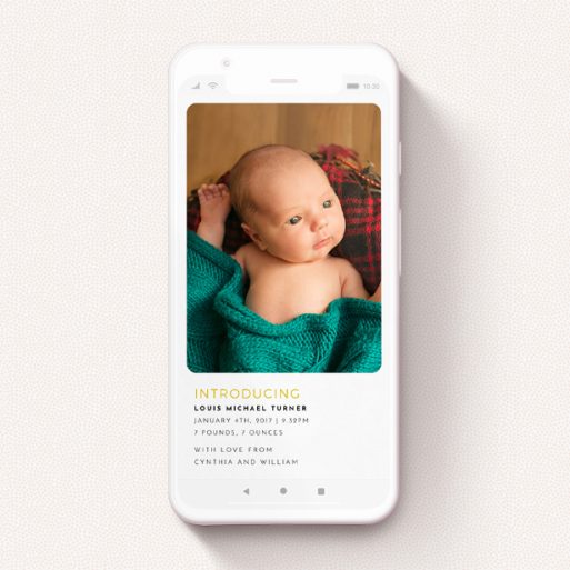 Birth Announcement For Whatsapp Design - "Quarters" A birth announcement for whatsapp design titled "Quarters". It is a smartphone screen sized announcement in a portrait orientation. It is a photographic birth announcement for whatsapp with room for 3 photos. "Quarters" is available as a flat announcement, with tones of yellow and white.