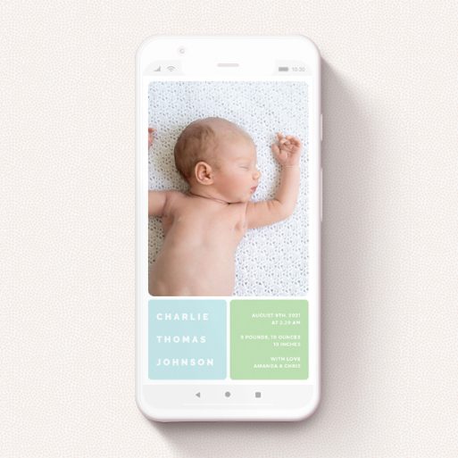 Birth Announcement For Whatsapp Design - "Rounded Corners" A birth announcement for whatsapp design called "Rounded Corners". It is a smartphone screen sized announcement in a portrait orientation. It is a photographic birth announcement for whatsapp with room for 2 photos. "Rounded Corners" is available as a flat announcement, with tones of blue and green.
