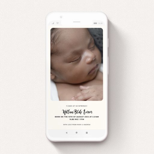 Birth Announcement For Whatsapp Design - "Smoothed Out" A birth announcement for whatsapp called "Smoothed Out". It is a smartphone screen sized announcement in a portrait orientation. It is a photographic birth announcement for whatsapp with room for 1 photo. "Smoothed Out" is available as a flat announcement, with mainly cream colouring.