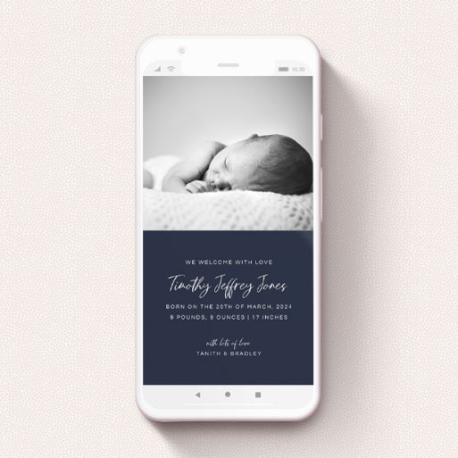 Birth Announcement For Whatsapp Design - "Some news!" A birth announcement for whatsapp template titled "Some news!". It is a smartphone screen sized announcement in a portrait orientation. It is a photographic birth announcement for whatsapp with room for 2 photos. "Some news!" is available as a flat announcement, with tones of blue and white.