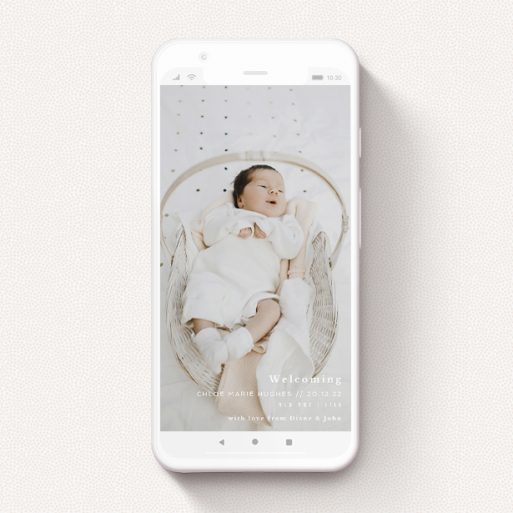 Birth Announcement For Whatsapp Design - "Southbank" A birth announcement for whatsapp template titled "Southbank". It is a smartphone screen sized announcement in a portrait orientation. It is a photographic birth announcement for whatsapp with room for 1 photo. "Southbank" is available as a flat announcement, with mainly white colouring.